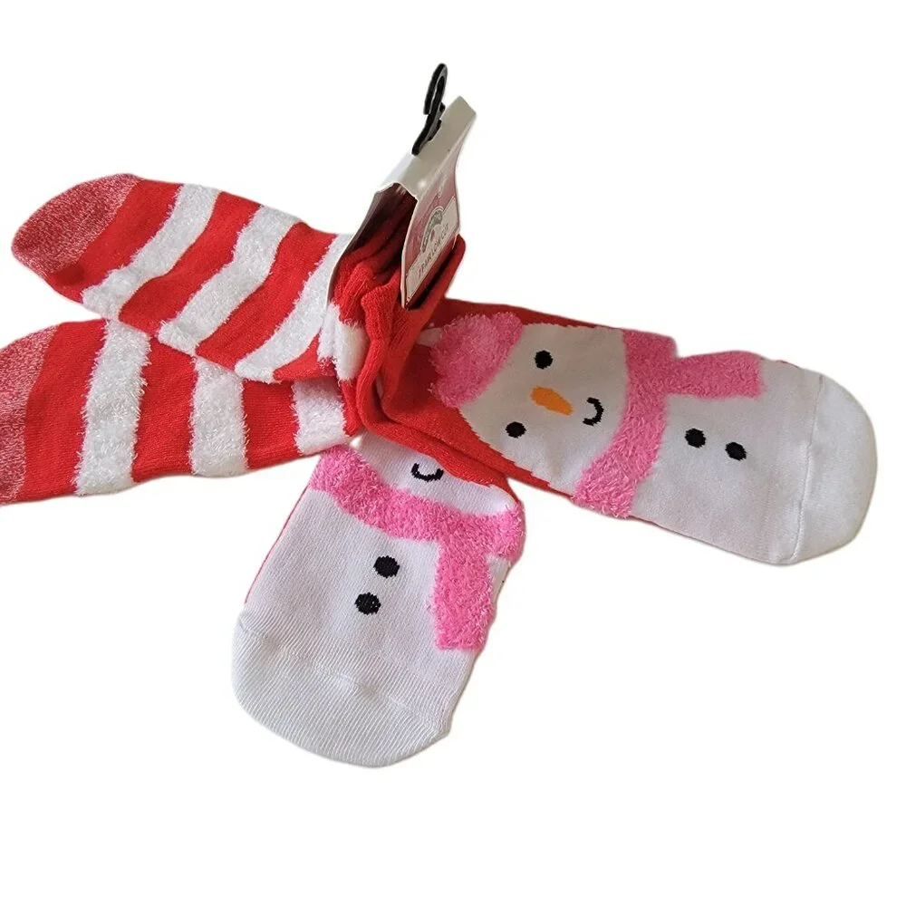 Holiday Time Low Cut Socks 2 Pair Snowman Stripes Red White Shoe Size 4-10 New